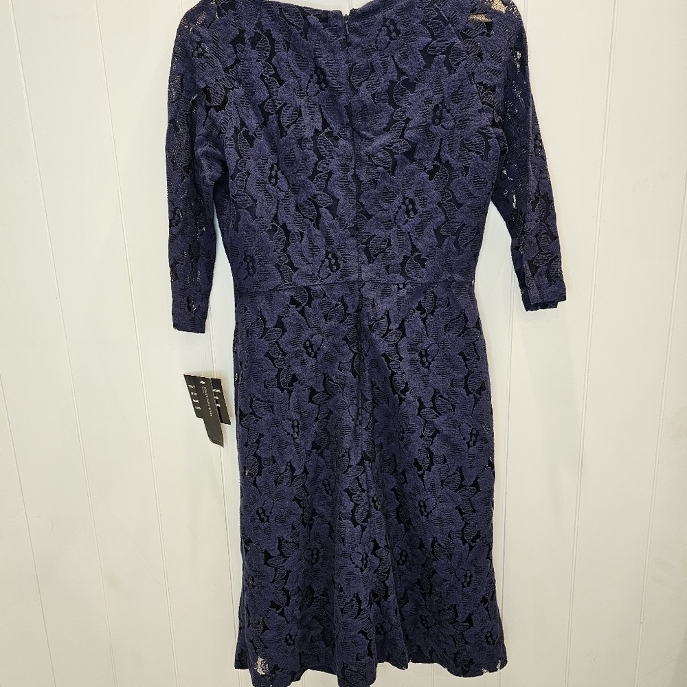 Jones New York Lace Dress Women's Size 4 Navy 3/4 Sleeve Lined Midi - Picture 4 of 6